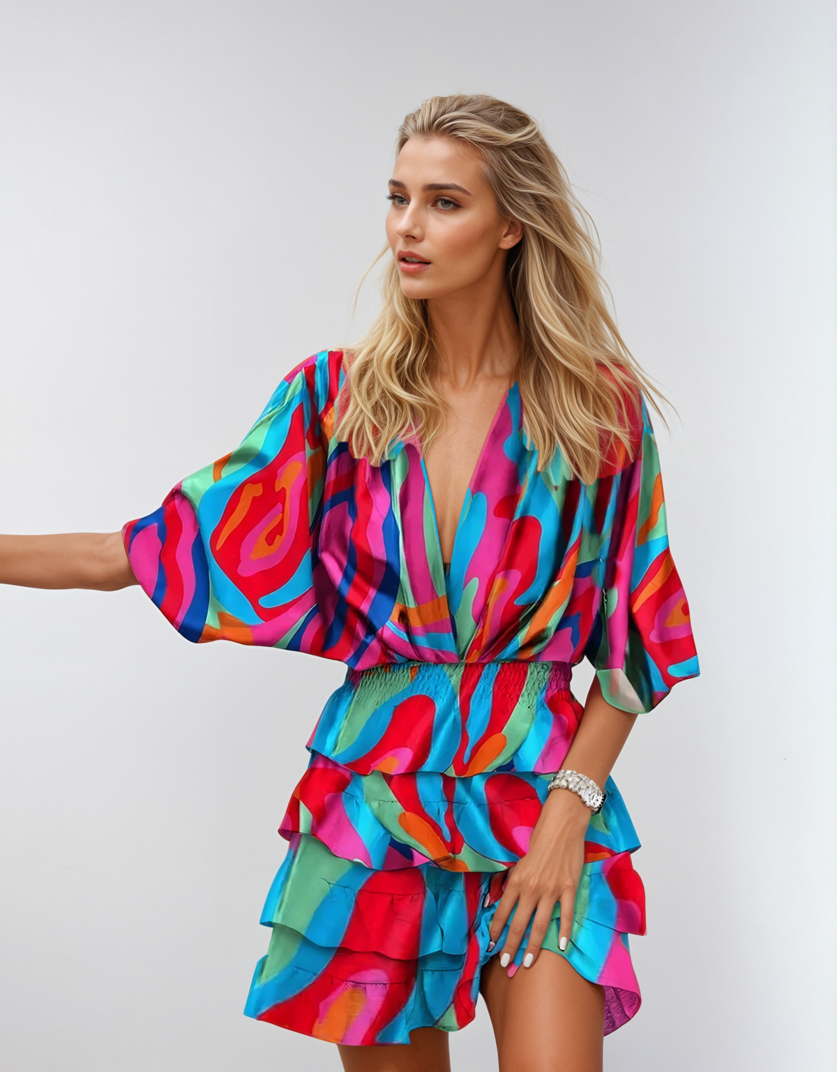 Plunge V-Neck Abstract Print Smocked Waist Tiered Ruffle Mini Dress