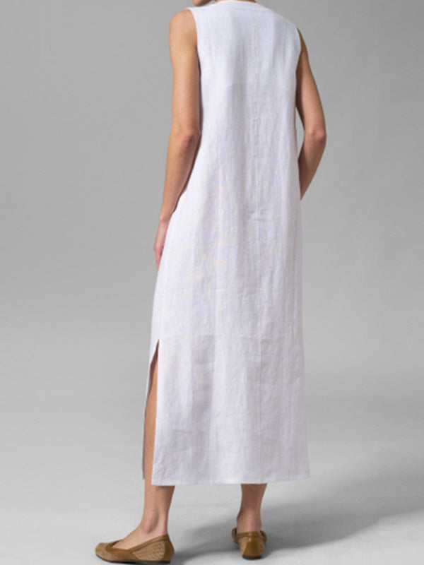 V-Neck Half Button Sleeveless Side Slit Linen Maxi Dress 7