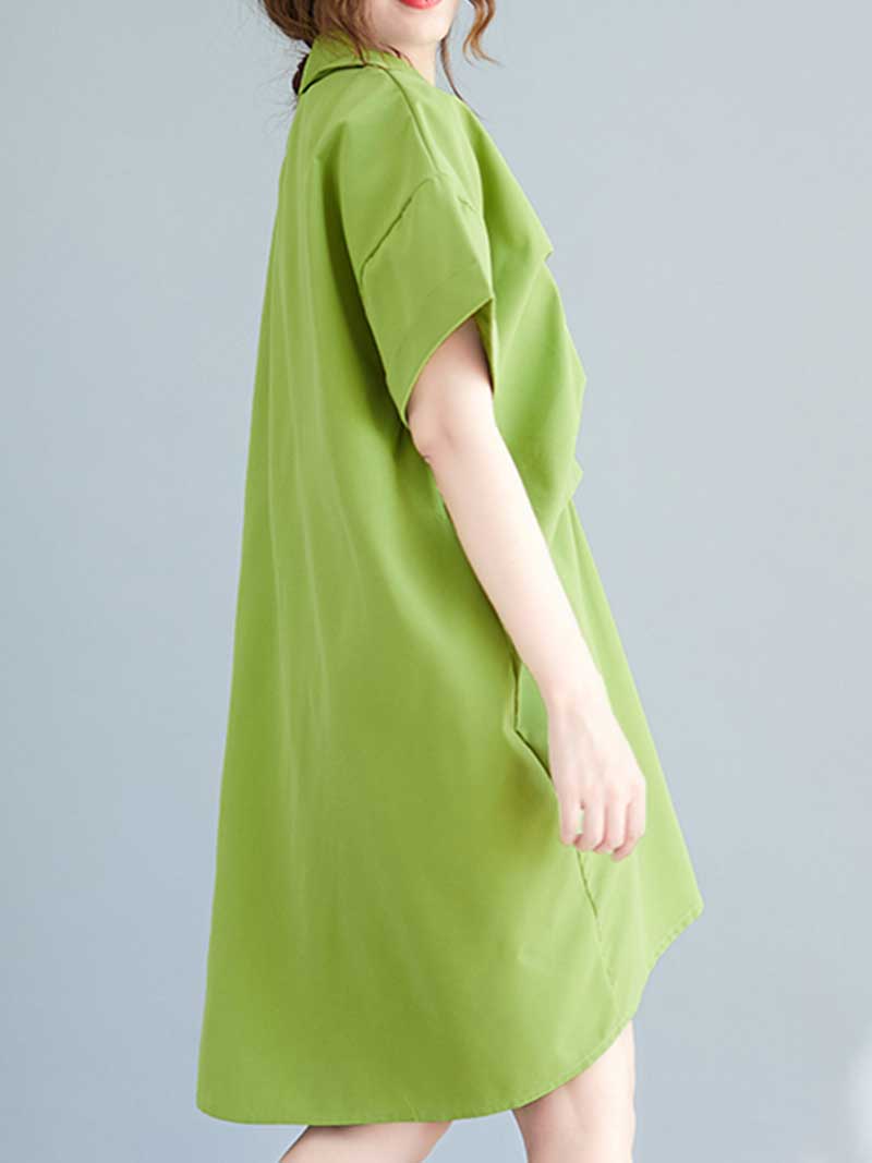 Pointed Collar Button Down Short Sleeve Irregular Hem Shirt Dress 4