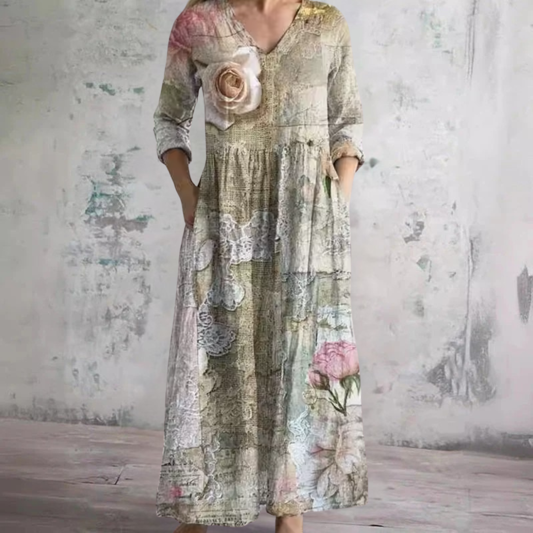 Beige V-Neck Floral Print Rosette Applique Pleated A-Line Maxi Dress