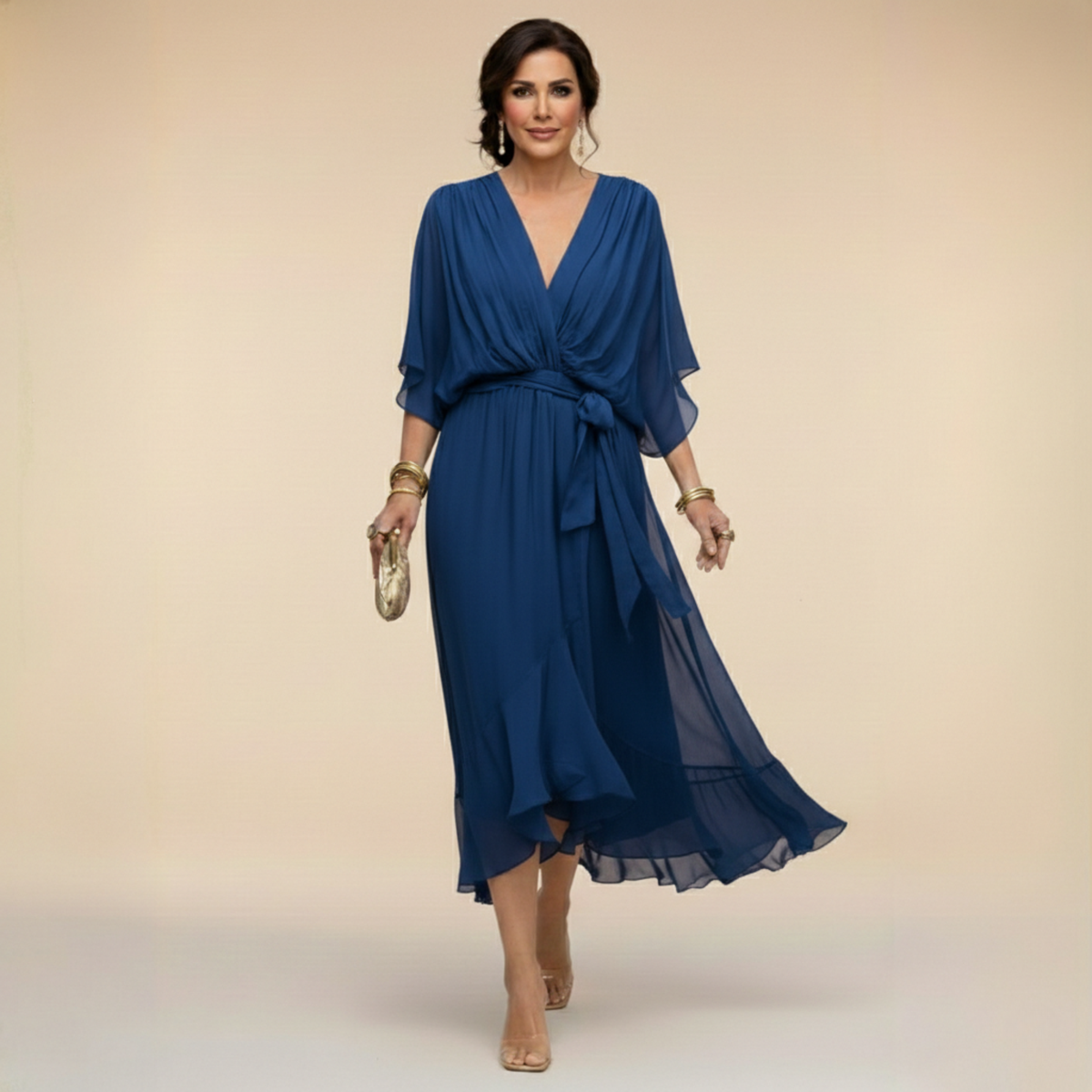 V-Neck Chiffon Batwing Sleeve Tie Waist Ruffle Hem Midi Dress 3