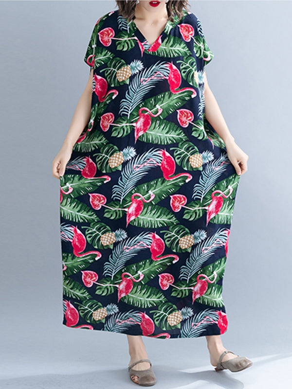 V-Neck Tropical Flamingo Print Short Sleeve Loose Kaftan Maxi Dress 2