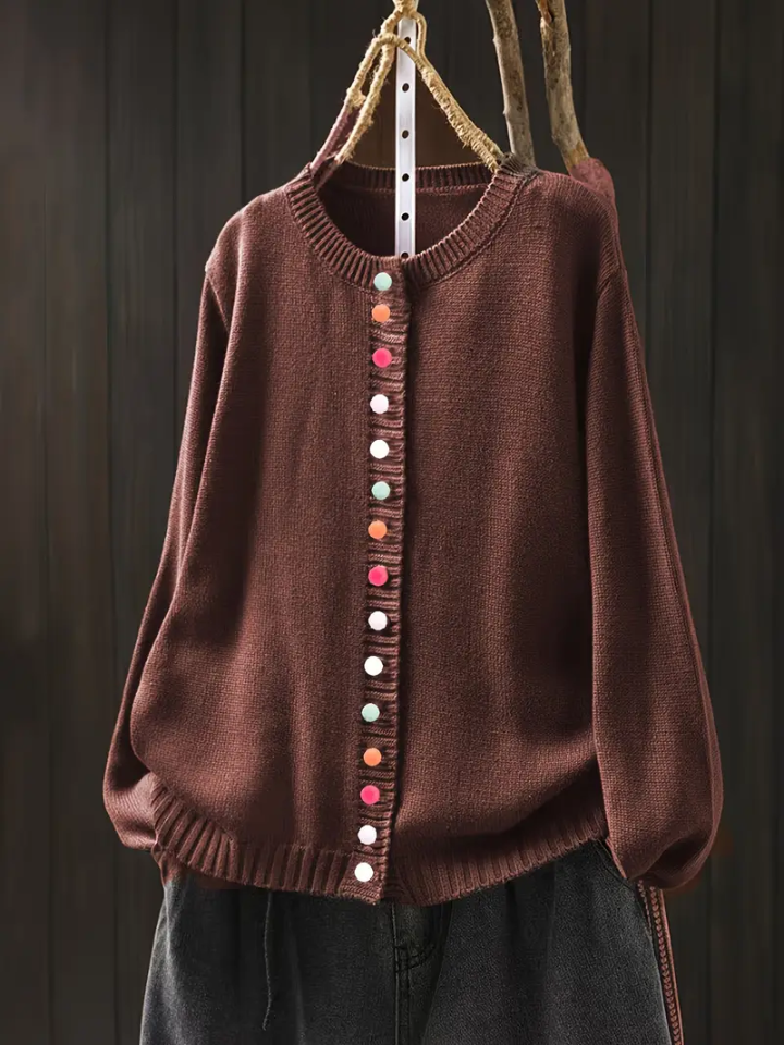 Knit Round Neck Multicolor Button Long Sleeve Cardigan 7