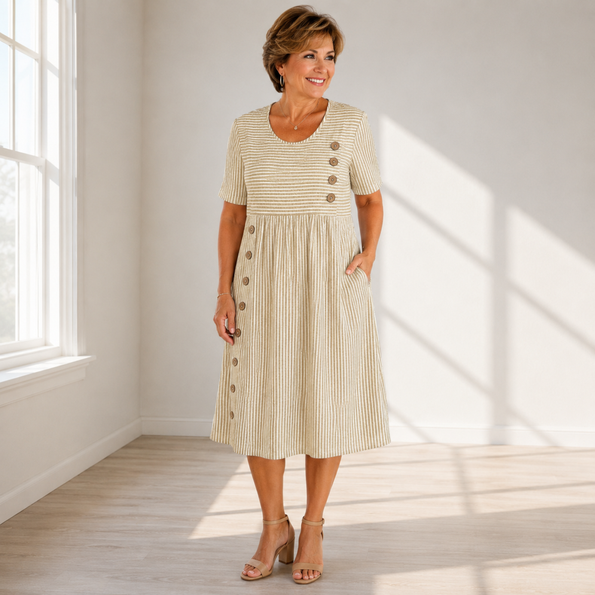 Scoop Neck Striped Button Detail Short Sleeve A-Line Midi Dress 3