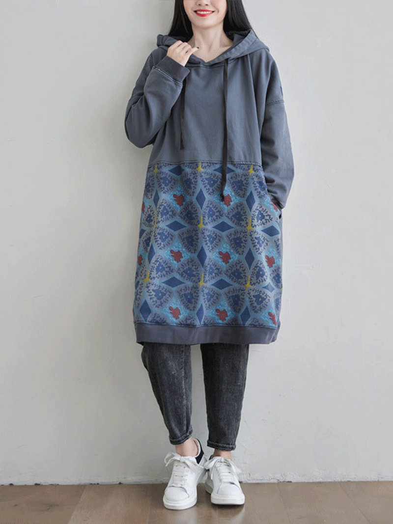 Hooded Drawstring Printed Pocket Sweatshirt Midi Dress 10