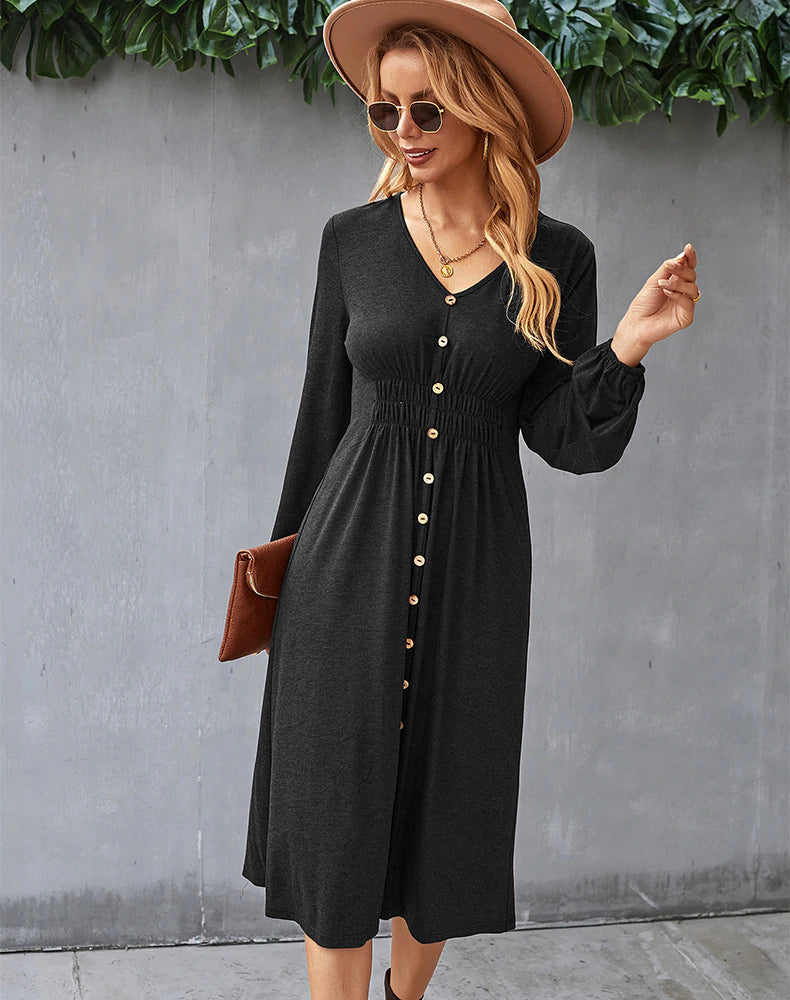 V-Neck Long Sleeve A-Line Dress M / Green