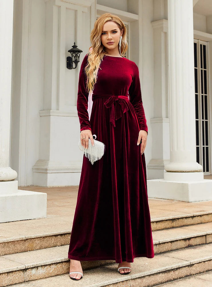 Velvet Long Sleeve Dress - Solid Color S / Burgundy