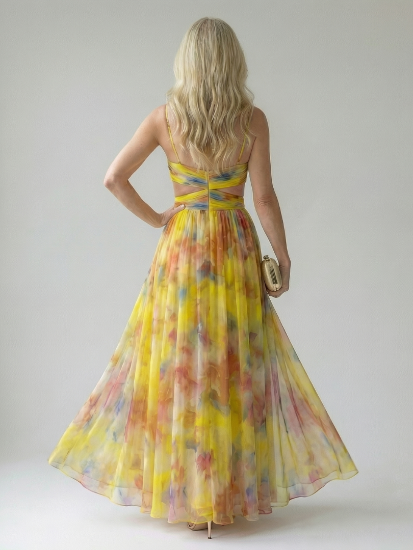 Spaghetti Strap V-Neck Floral Print Pleated Tulle Maxi Gown 7