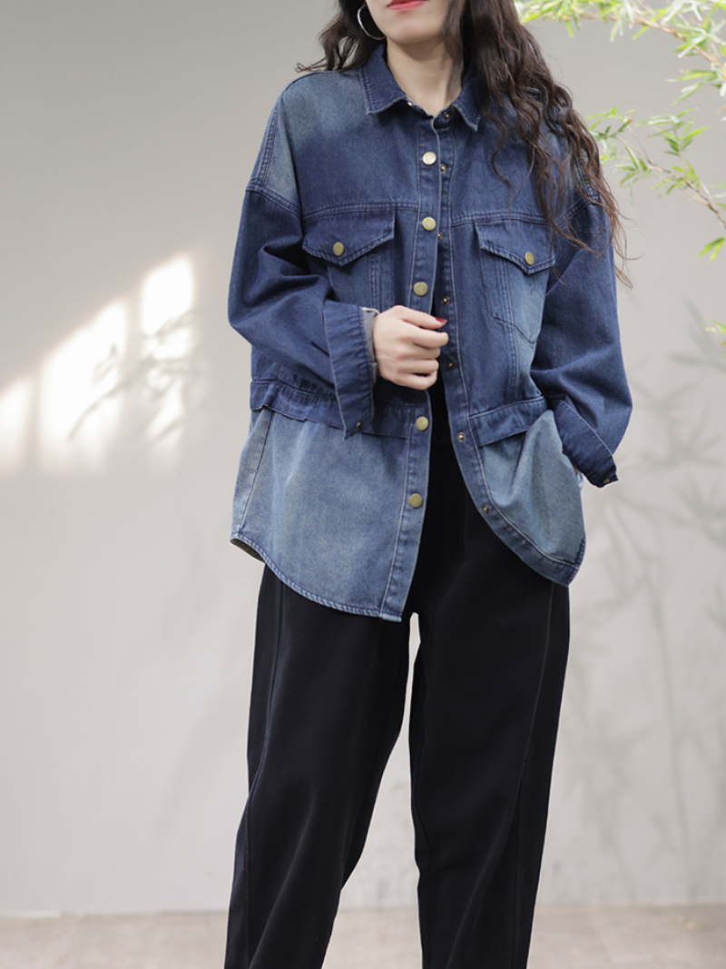 Blue Collared Button Front Flap Pocket Long Sleeve Loose Denim Jacket