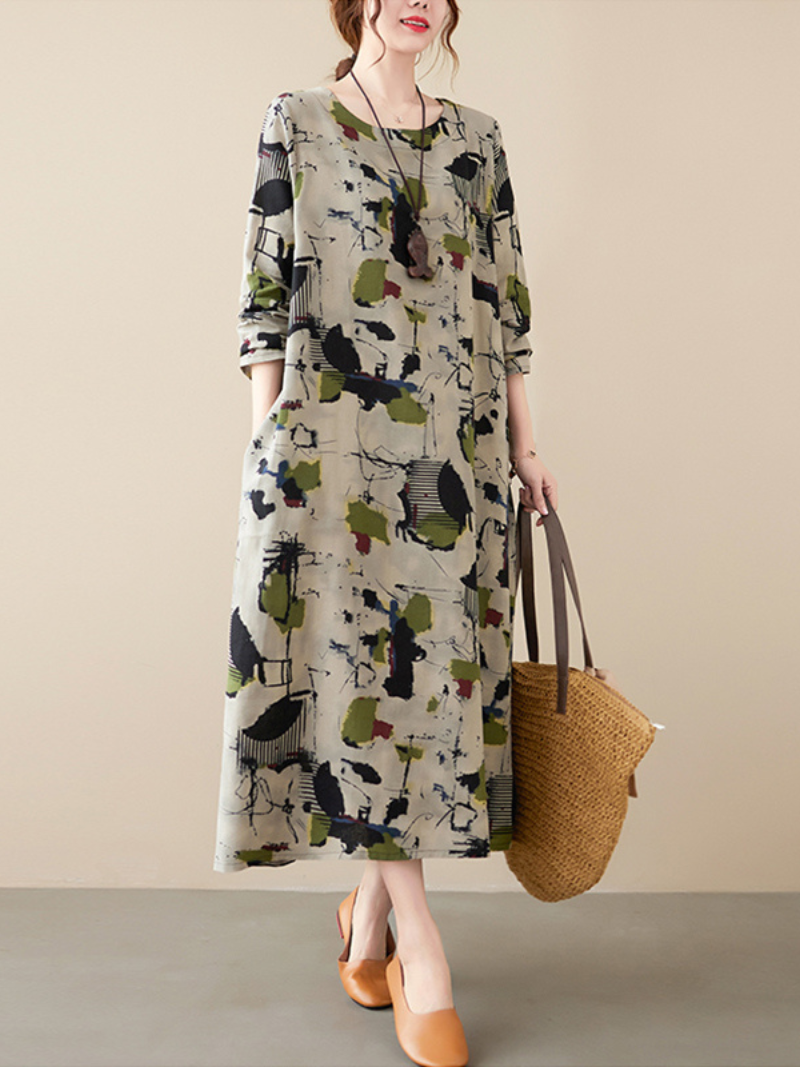 Multicolor Round Neck Abstract Print Long Sleeve Loose A-Line Maxi Dress 3