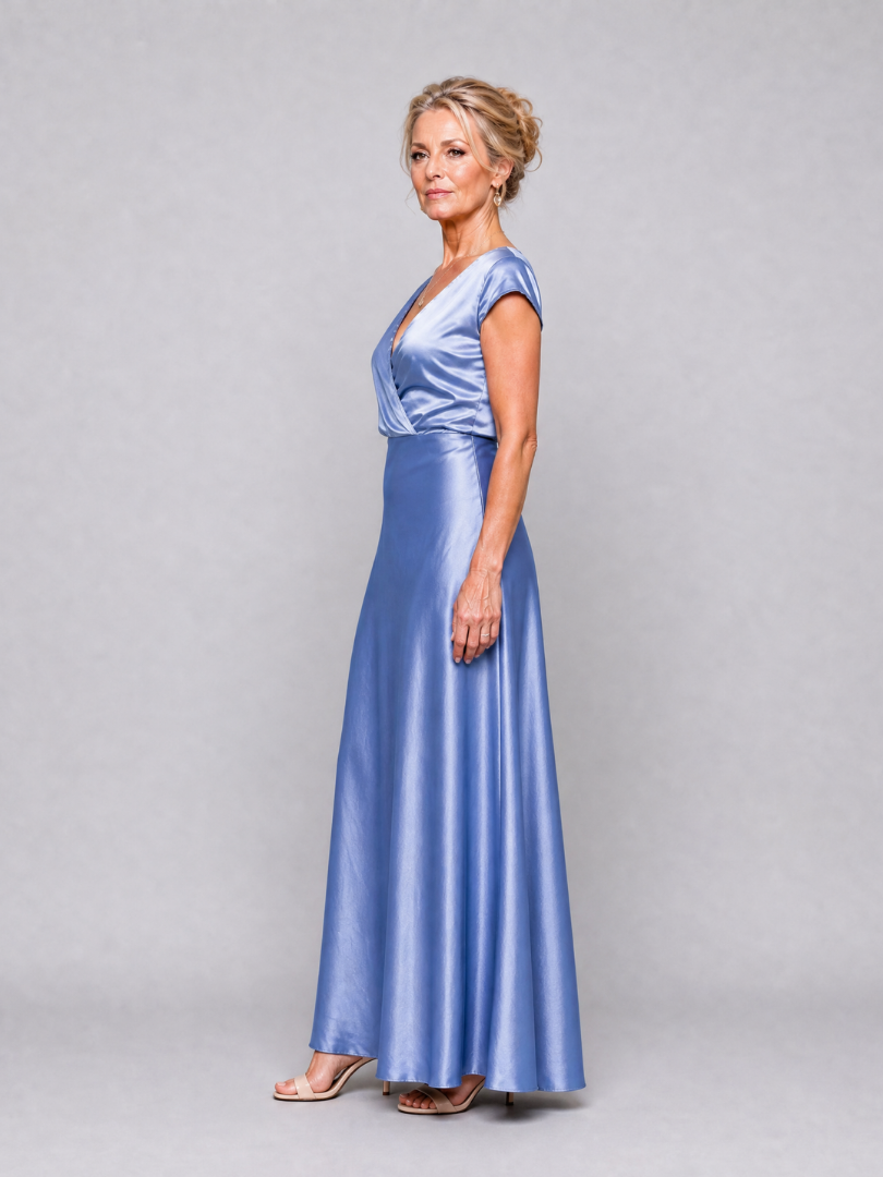 V-Neck Cap Sleeve Satin Wrap Bodice Bias Maxi Gown 10