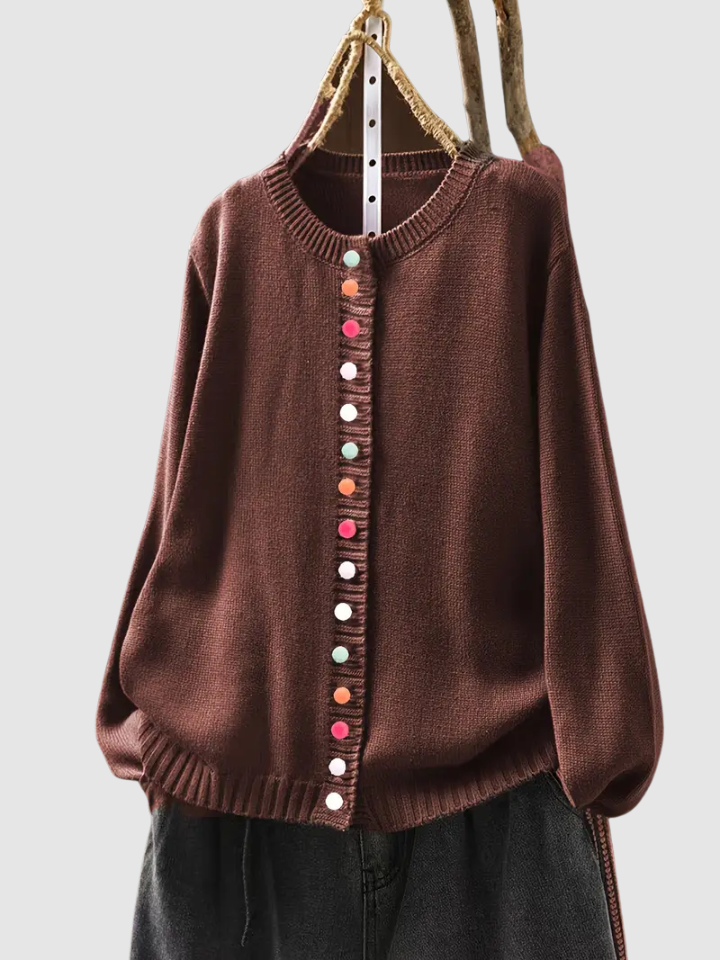 Round Neck Button Front Knit Long Sleeve Cardigan