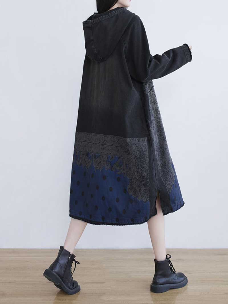 Hooded Long Sleeve Paisley Polka Dot Print Loose Denim Midi Dress 3