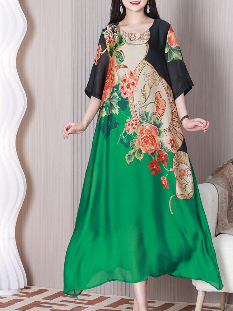 Round Neck Half Sleeve Floral Print Chiffon Maxi Dress