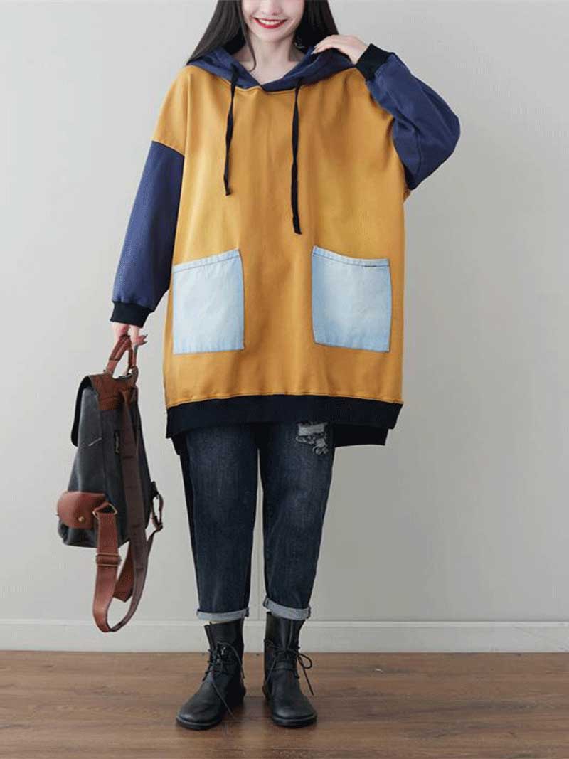 Hooded Color Block Patch Pocket Drawstring Oversized Hoodie 2