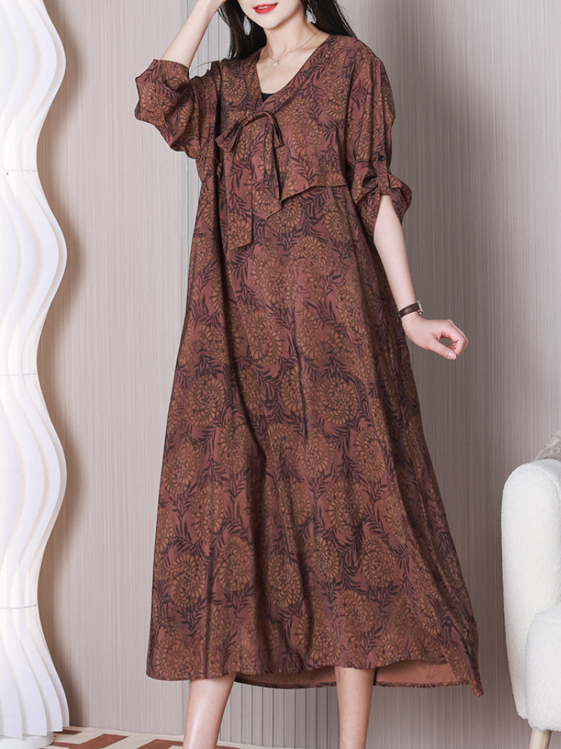 Coffee V-Neck Floral Bow Tie Long Sleeve Loose A-Line Maxi Dress