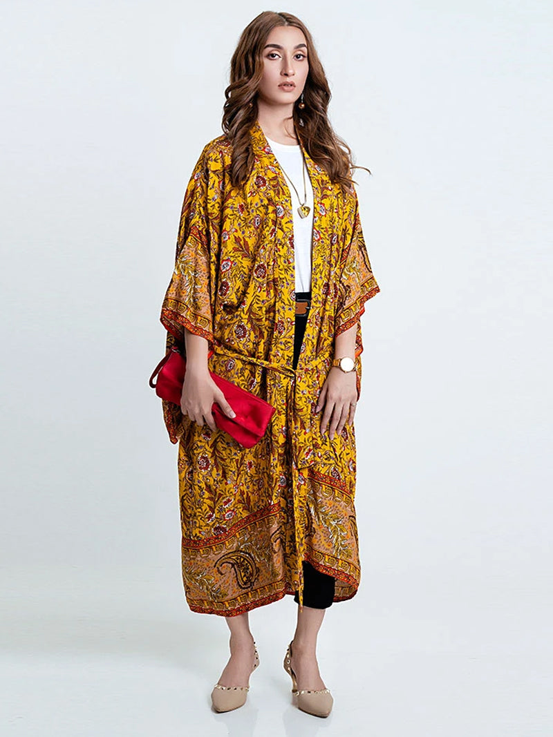Yellow Floral Paisley Print Belted Long Kimono Robe