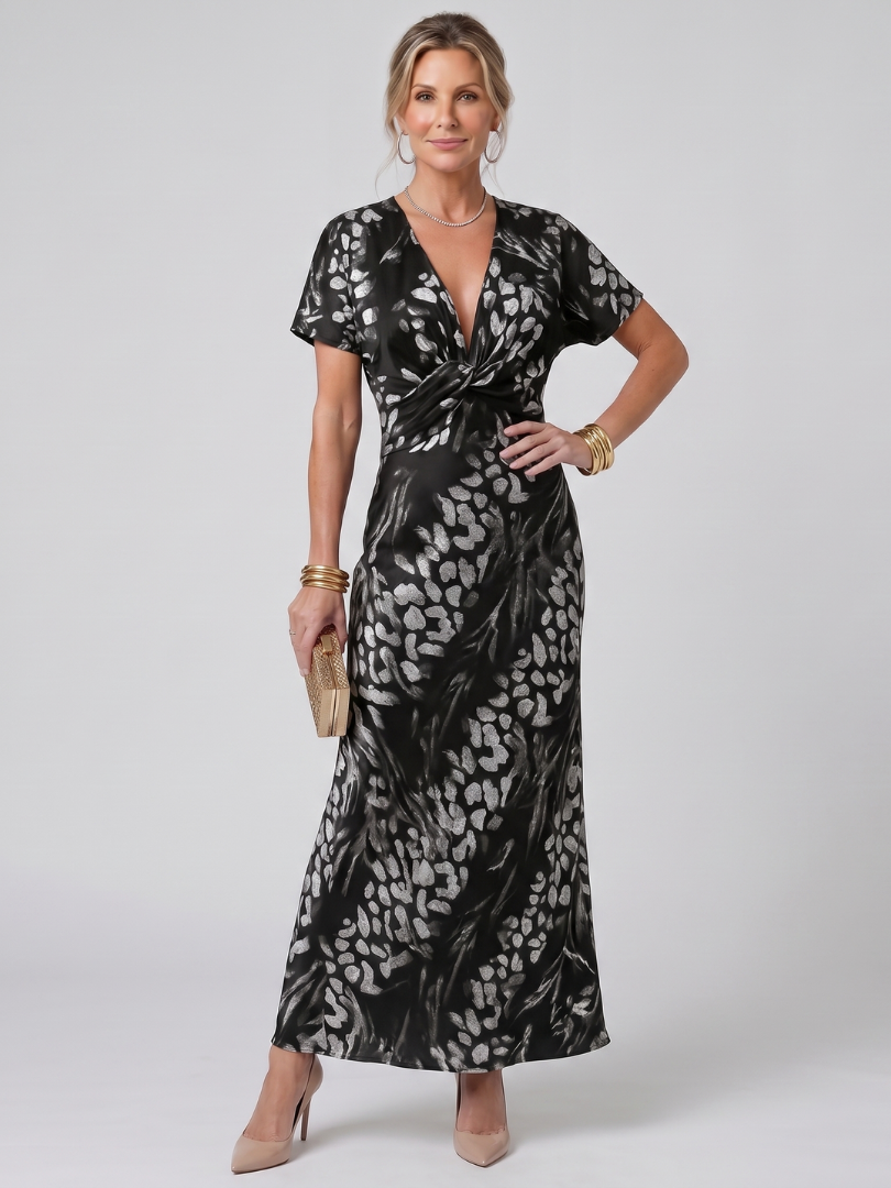 V-Neck Twist Front Satin Abstract Print Column Maxi Dress 5