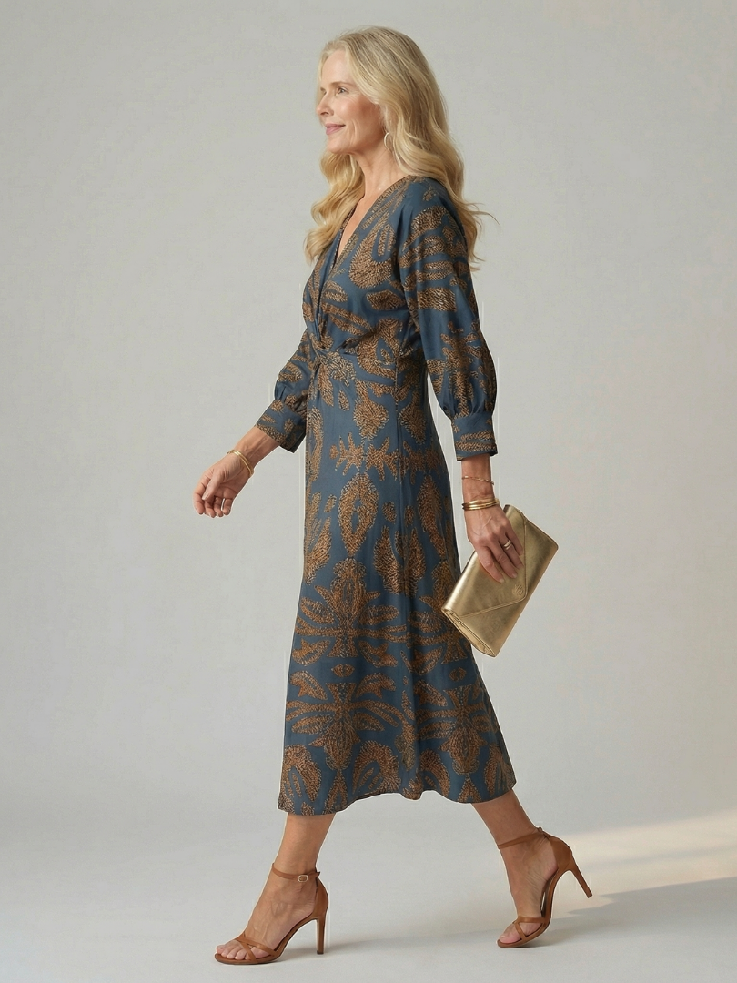 V-Neck Twist Front Long Sleeve Abstract Print Sheath Midi Dress