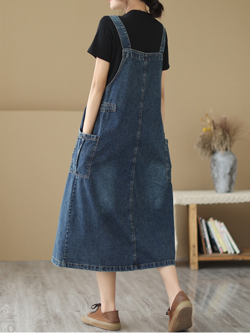 Blue Denim Button Strap Patch Pocket Loose A-Line Pinafore Maxi Dress