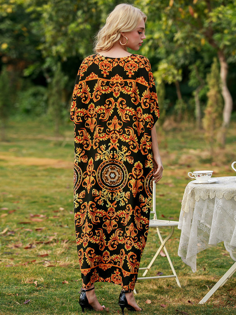 Yellow V-Neck Baroque Print Batwing Sleeve Loose Kaftan Maxi Dress