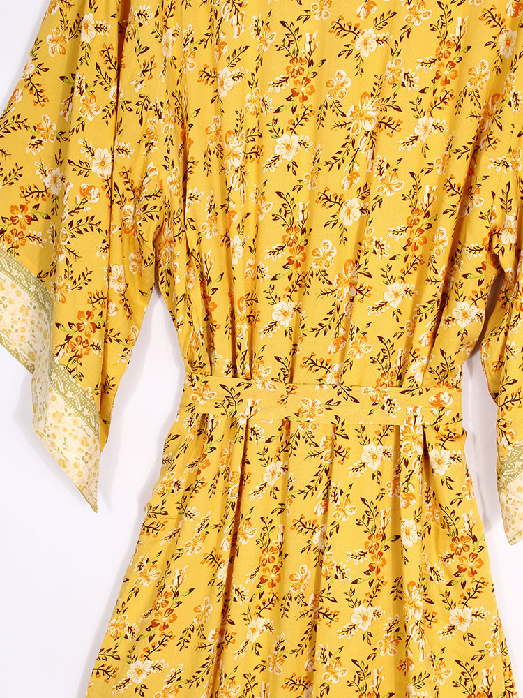 Yellow Ditsy Floral Print Open Front Long Kimono Robe 10