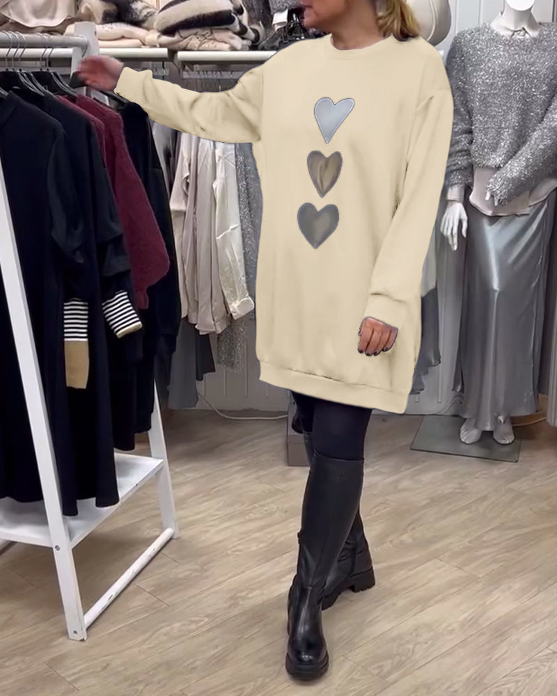 Black Round Neck Heart Print Long Sleeve Sweatshirt Mini Dress
