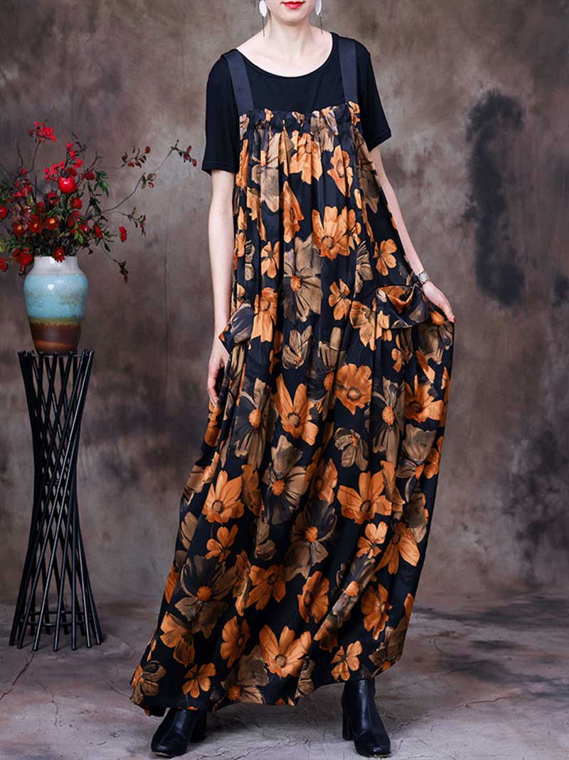 Strap Floral Print Pleated Pocket Loose Pinafore Maxi Dress 8