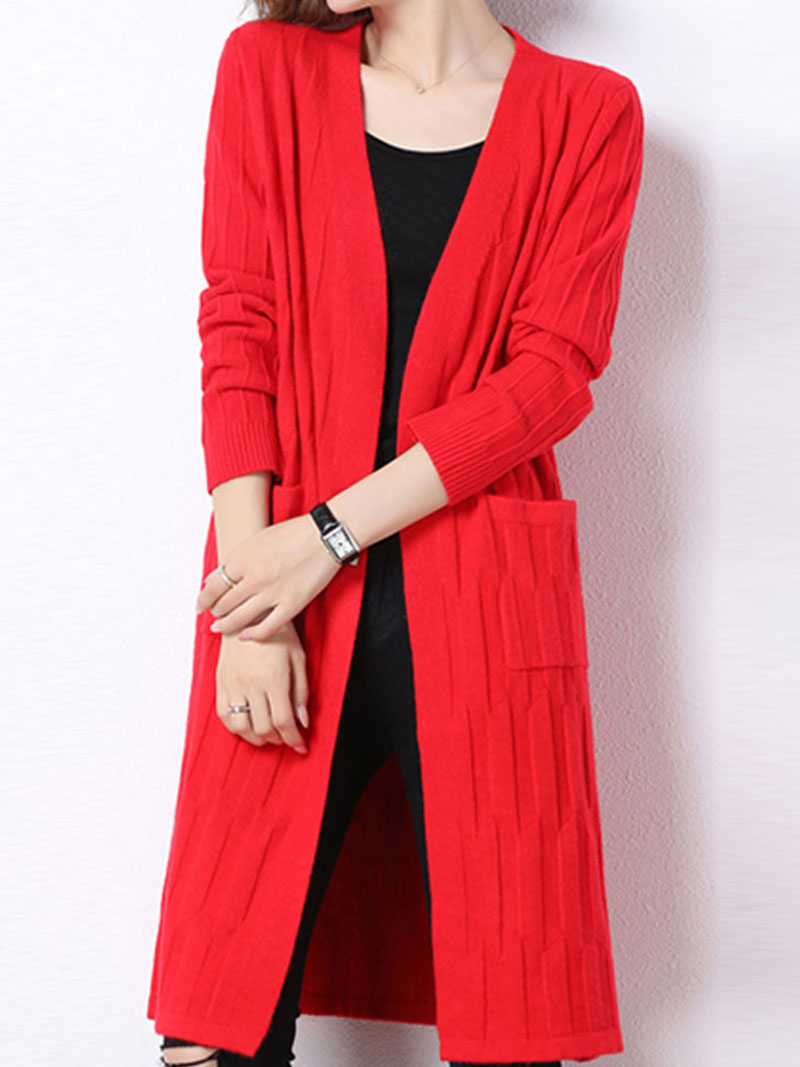Open Front Ribbed Knit Patch Pocket Long Sleeve Cardigan 2