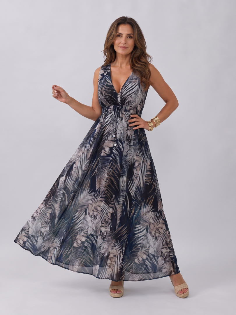 V-Neck Leaf Print Half Sleeve Crochet Trim Empire Maxi Dress 5