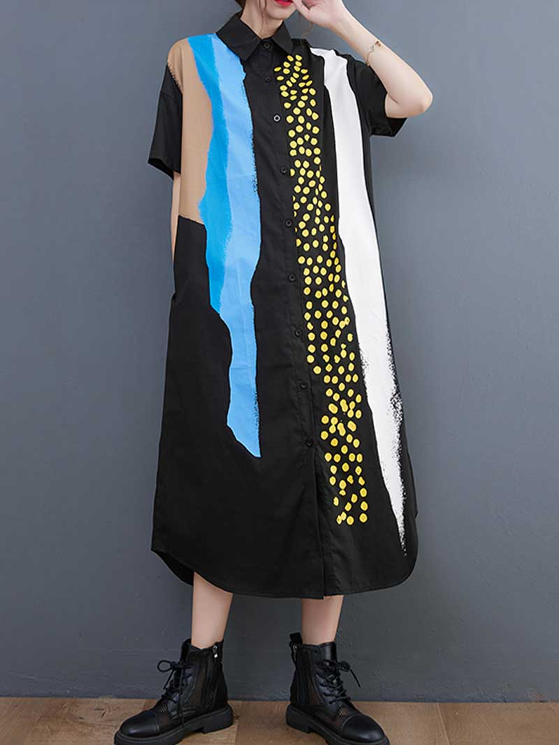 Collared Abstract Print Short Sleeve Shirt Midi Dress 2