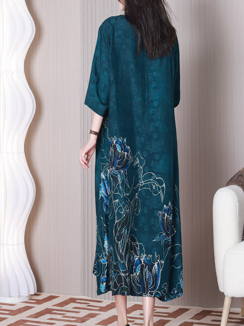 Cutout Round Neck Half Sleeve Floral Print Loose Midi Dress