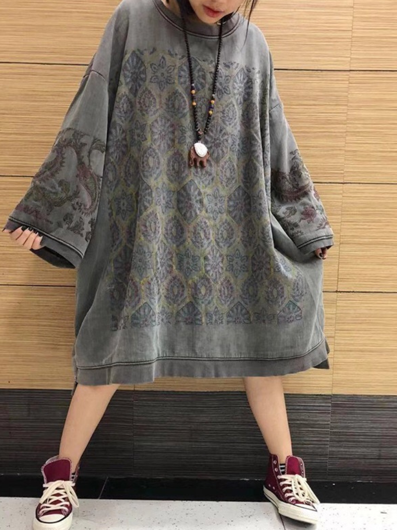 Mock Neck Long Sleeve Damask Print Oversized Sweatshirt Midi Dress