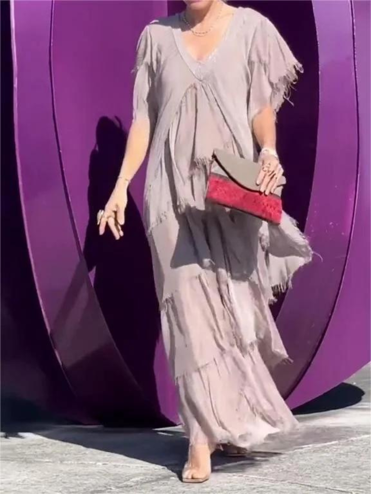 V-Neck Sequin Trim Flutter Sleeve Tiered Ruffle Chiffon Maxi Dress 6