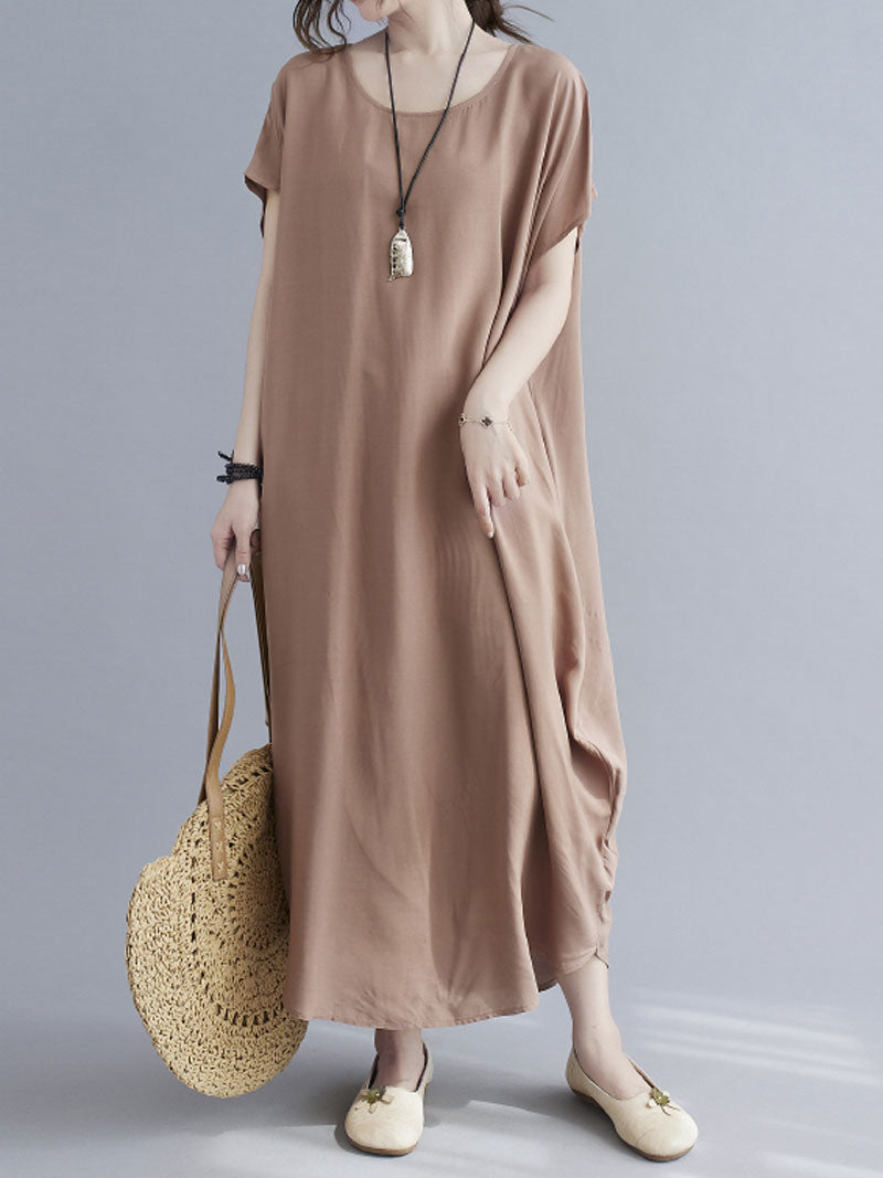 Round Neck Short Sleeve Loose Cocoon Maxi Dress 28