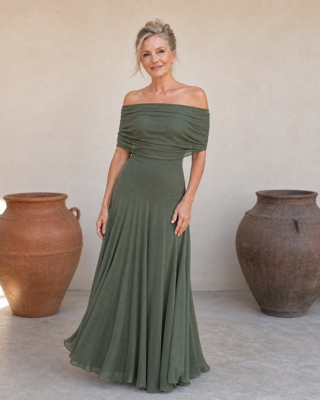 Off-Shoulder Draped Ruched Bodice Flowing Chiffon Maxi Gown