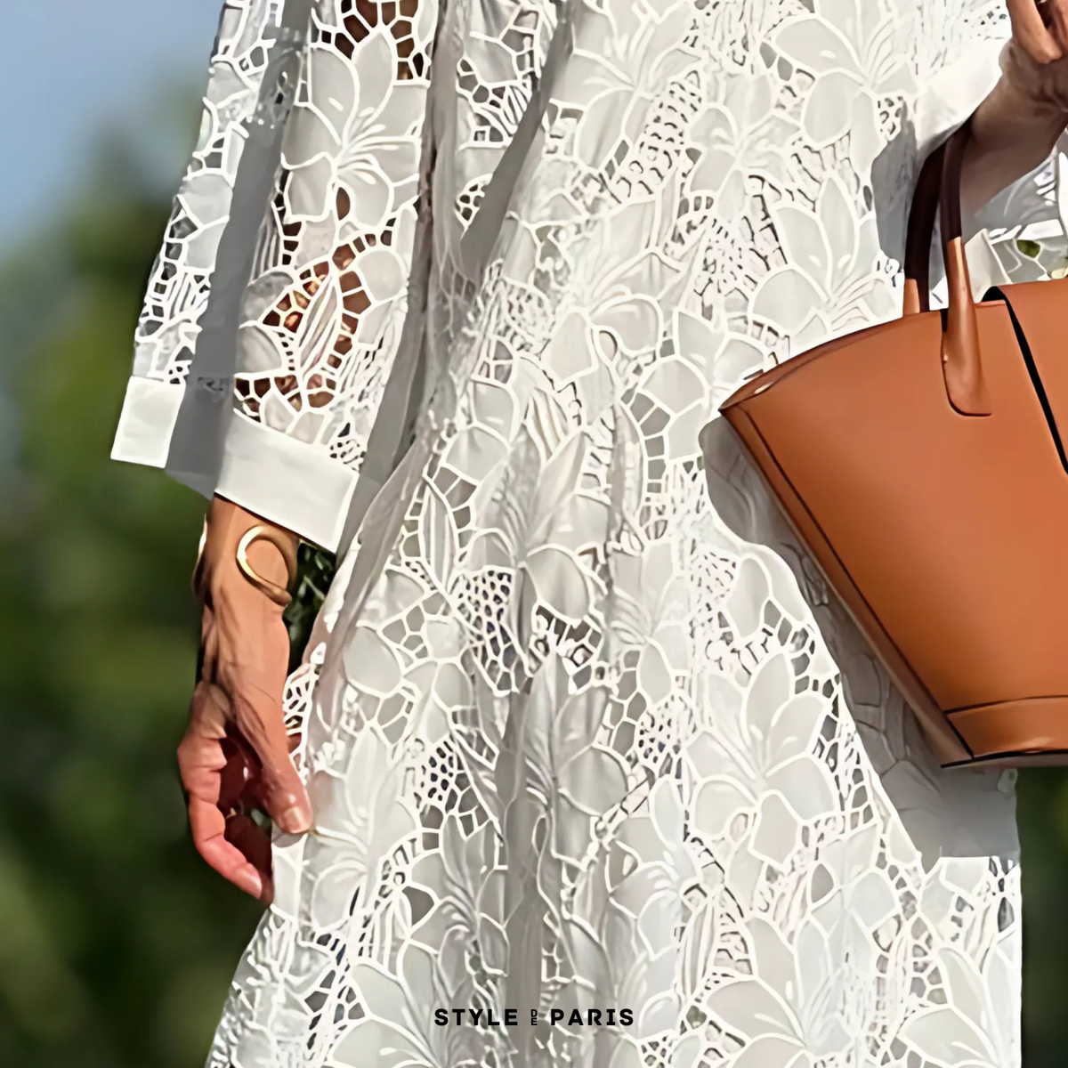 Notch V-Neck Floral Guipure Lace Three Quarter Sleeve Shift Maxi Dress 7