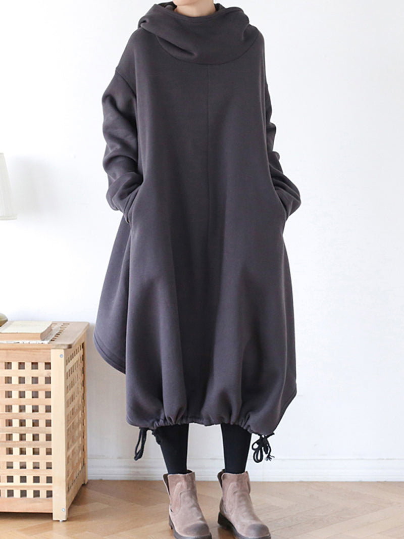 Hooded Long Sleeve Drawstring Hem Loose Cocoon Midi Dress 6