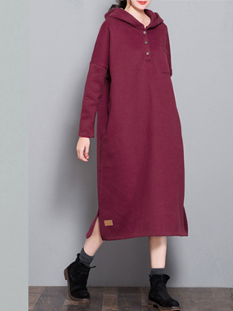 Hooded Long Sleeve Patch Pocket Loose Sweatshirt Midi Dress 2