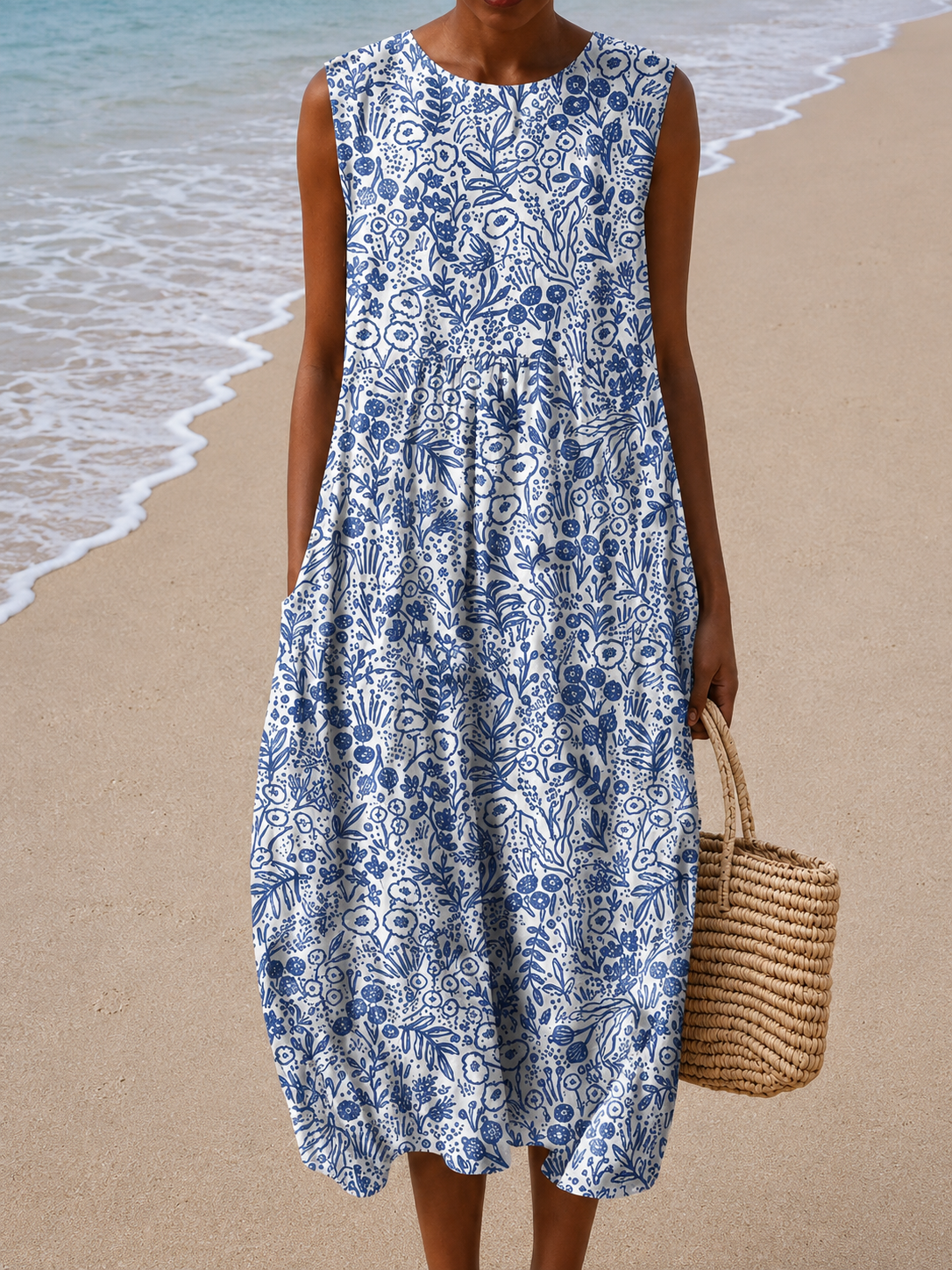 Round Neck Sleeveless Ditsy Floral Pocket Cocoon Midi Dress