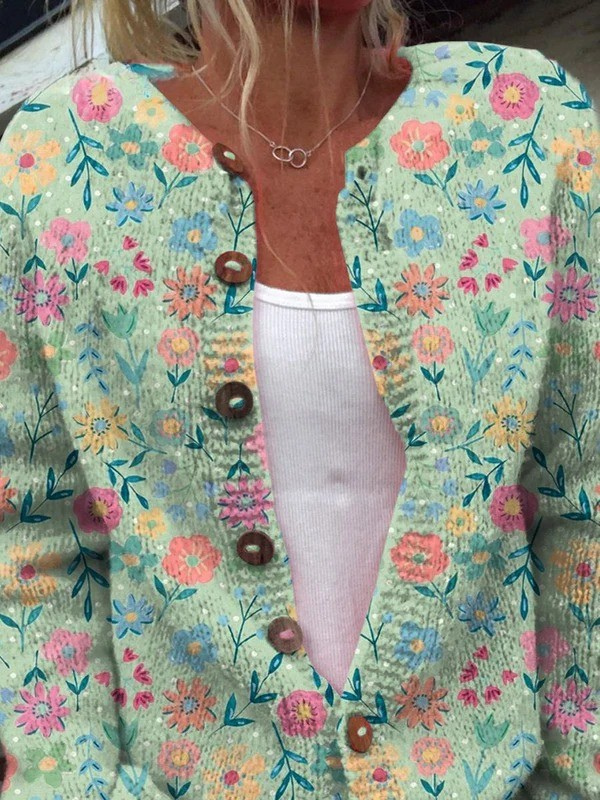 Round Neck Ditsy Floral Knit Button Cardigan 2