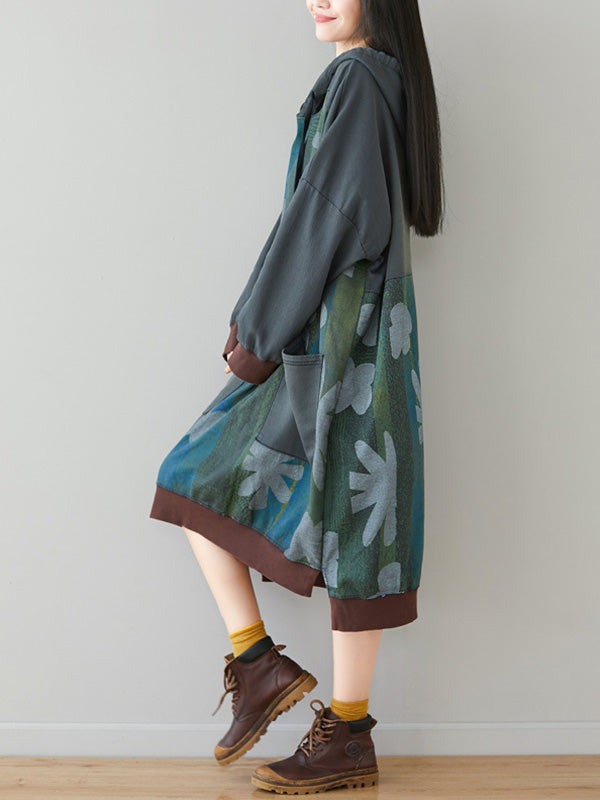 Grey Hooded Floral Print Patch Pocket Long Sleeve Sweatshirt Midi Dress 5