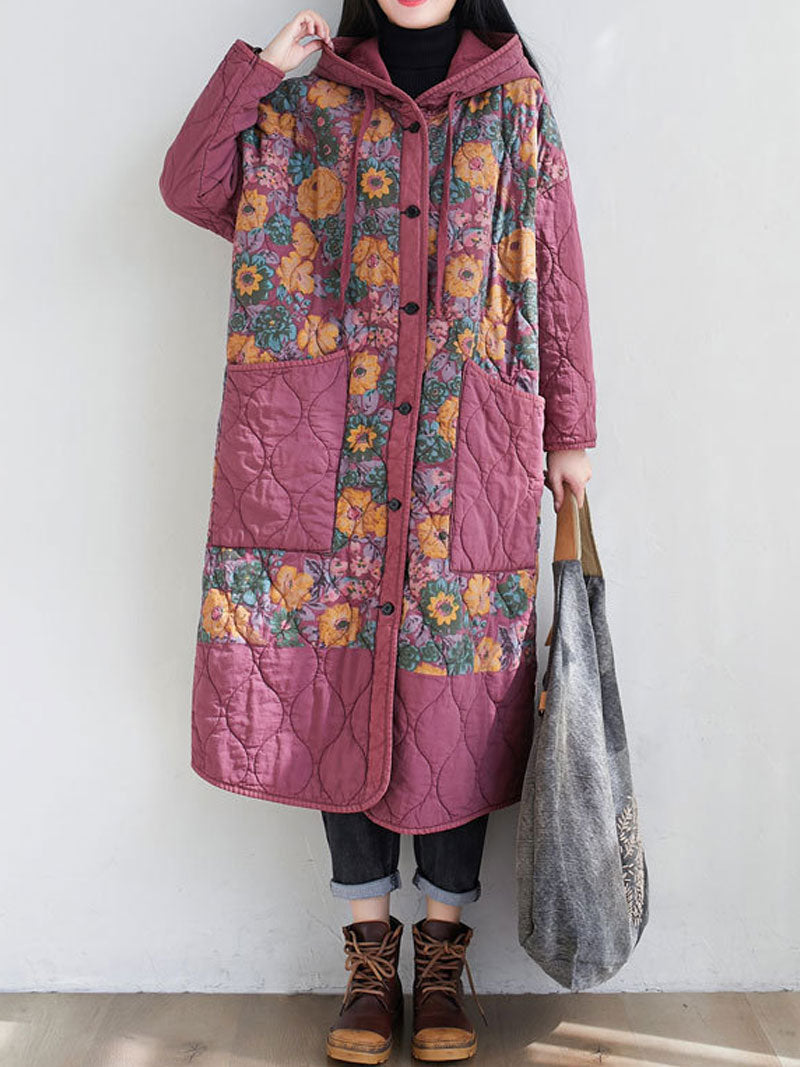Hooded Floral Patchwork Quilted Longline Coat 8