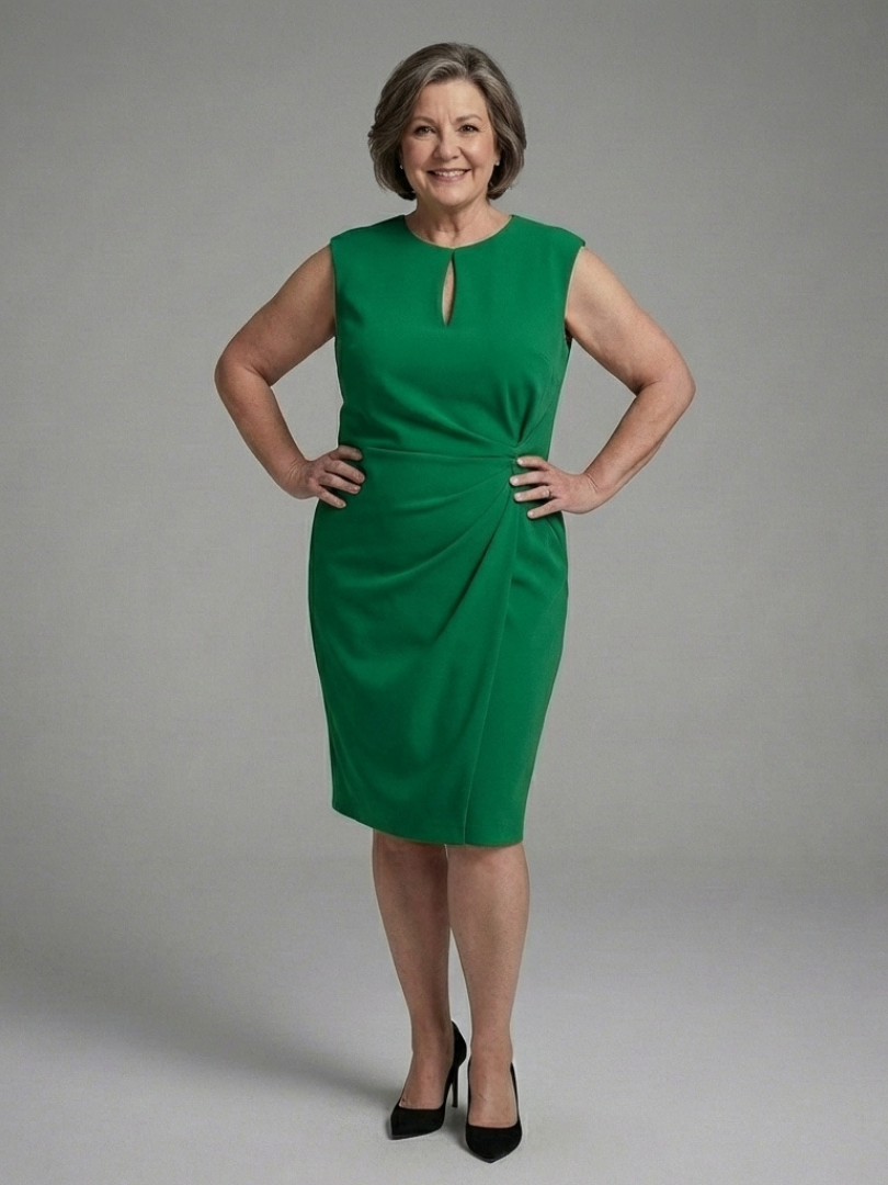 Crew Neck Keyhole Ruched Wrap Sheath Midi Dress 7