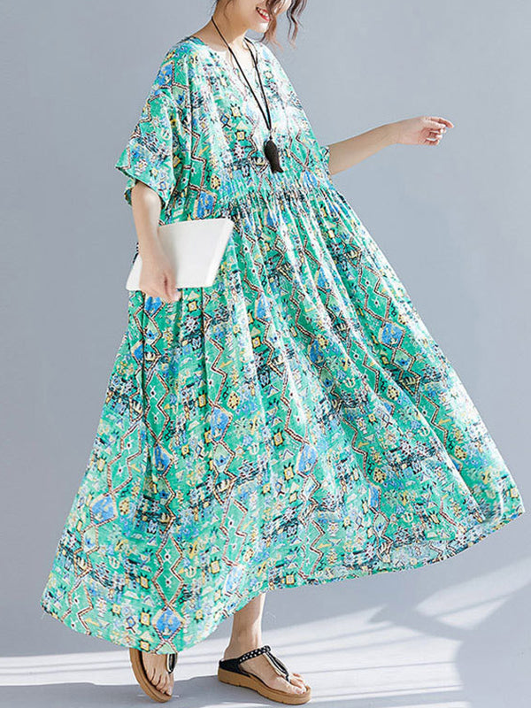 Multi Color Round Neck Geometric Print Batwing Sleeve Loose Smock Maxi Dress 6