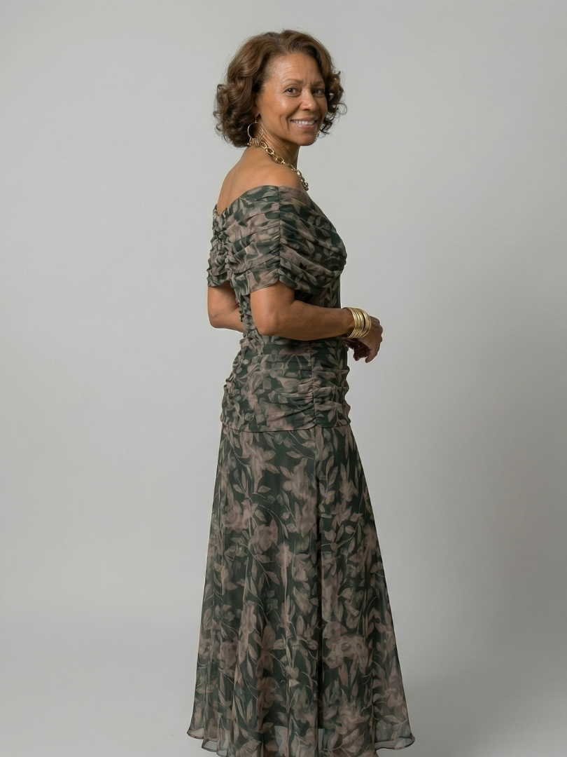 Off-Shoulder V-Neck Watercolor Floral Ruched Chiffon Maxi Dress 7