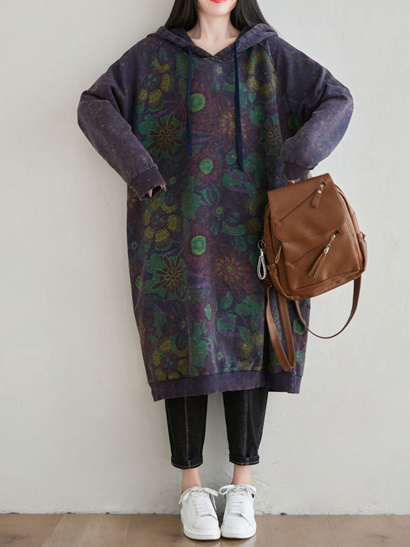 Hooded Floral Print Drawstring Long Sleeve Sweatshirt Midi Dress