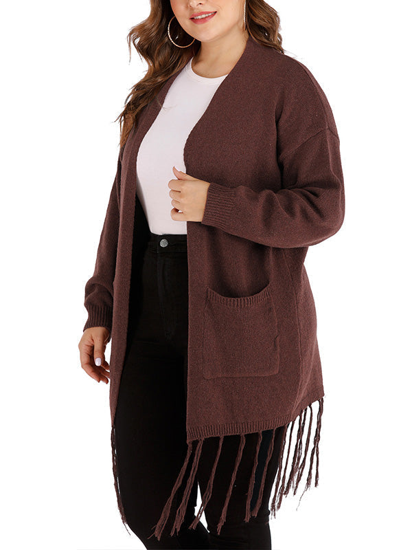 Brown Open Front Patch Pocket Tassel Hem Long Sleeve Knit Cardigan 5