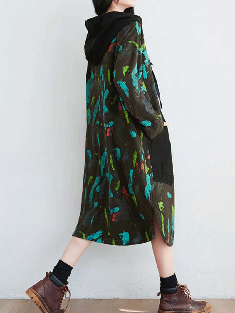Hooded Button Front Abstract Print Patch Pocket Long Sleeve Midi Dress 4