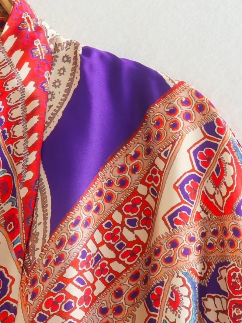 Multicolor Paisley Print Satin Wide Sleeve Belted Short Kimono 3